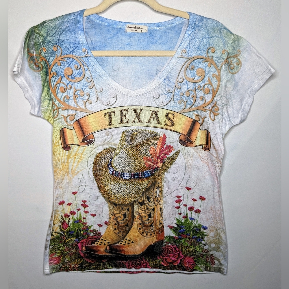 Sweet Gisele Texas T-shirt Women's Sz S Rhinestones & Glitter D-2